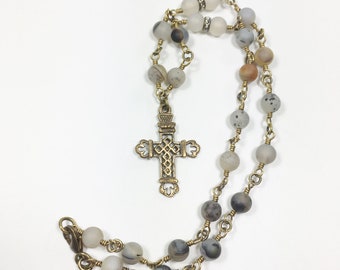 Cross Choker Necklace, Natural Earth Tone Agate Gemstone Beaded Chain with Bronze Brass Cross, One-of-a-Kind Artisan Handmade Jewelry