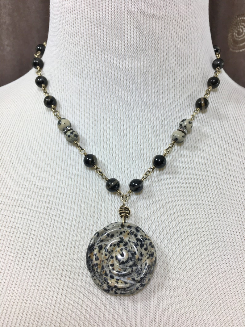 Black Tourmaline Beaded Necklace with Large Jasper Flower Pendant, One-of-a-Kind Artisan Jewelry, Handmade in America image 10