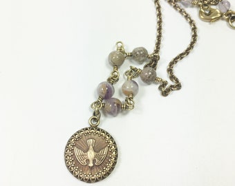 Holy Spirit Dove Necklace, Small Brass Religious Coin Medallion with Semi Precious Gemstones, Handmade Christian Jewelry Keepsake Gift