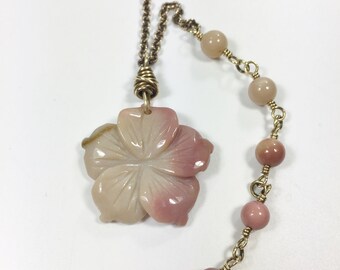 Long Gemstone Flower Pendant Necklace, Pink and Beige Earth Tones, Brass Chain with Natural Stones, Spring Summer Jewelry for Women
