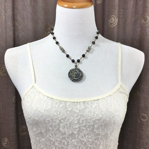 Black Tourmaline Beaded Necklace with Large Jasper Flower Pendant, One-of-a-Kind Artisan Jewelry, Handmade in America image 2