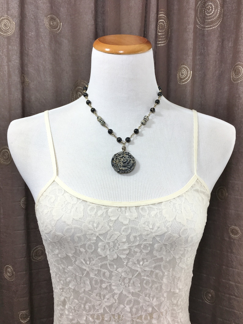 Black Tourmaline Beaded Necklace with Large Jasper Flower Pendant, One-of-a-Kind Artisan Jewelry, Handmade in America image 2