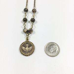 Holy Spirit Peace Dove Necklace, Brass Religious Coin Medallion with Earthy Brown Gemstone Beads, Handmade Religious Jewelry Keepsake Gift image 4