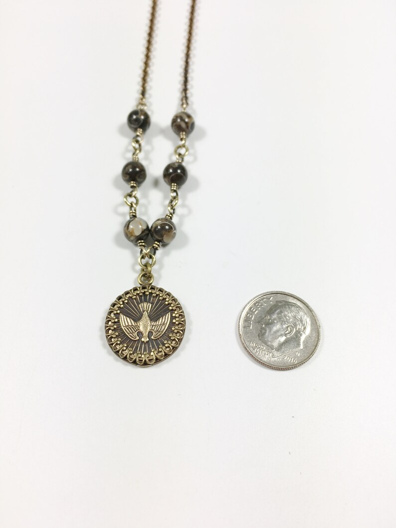 Holy Spirit Peace Dove Necklace, Brass Religious Coin Medallion with Earthy Brown Gemstone Beads, Handmade Religious Jewelry Keepsake Gift image 4