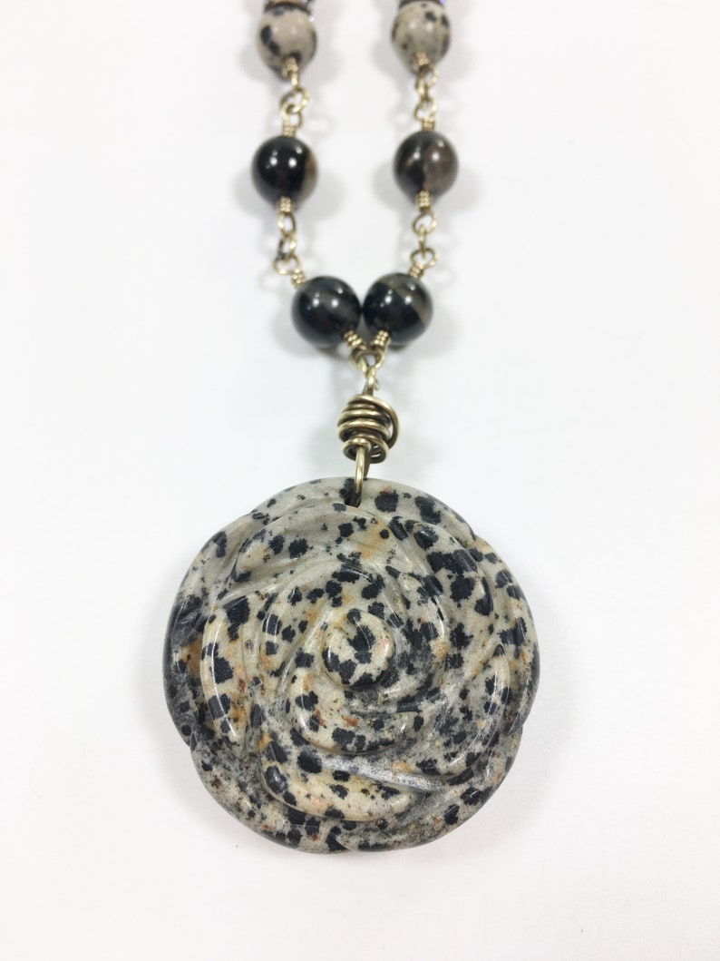 Black Tourmaline Beaded Necklace with Large Jasper Flower Pendant, One-of-a-Kind Artisan Jewelry, Handmade in America image 8