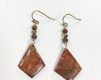 Stone Beaded Dangle Earrings, Red Mixed Fall Autumn Earth Tones, Earthy Eclectic Bohemian Style Jewelry