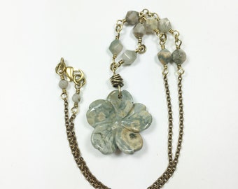 Short Flower Pendant Necklace, Green Earth Tones, Brass and Stone, One-of-a-Kind Artisan Jewelry Gift for Her