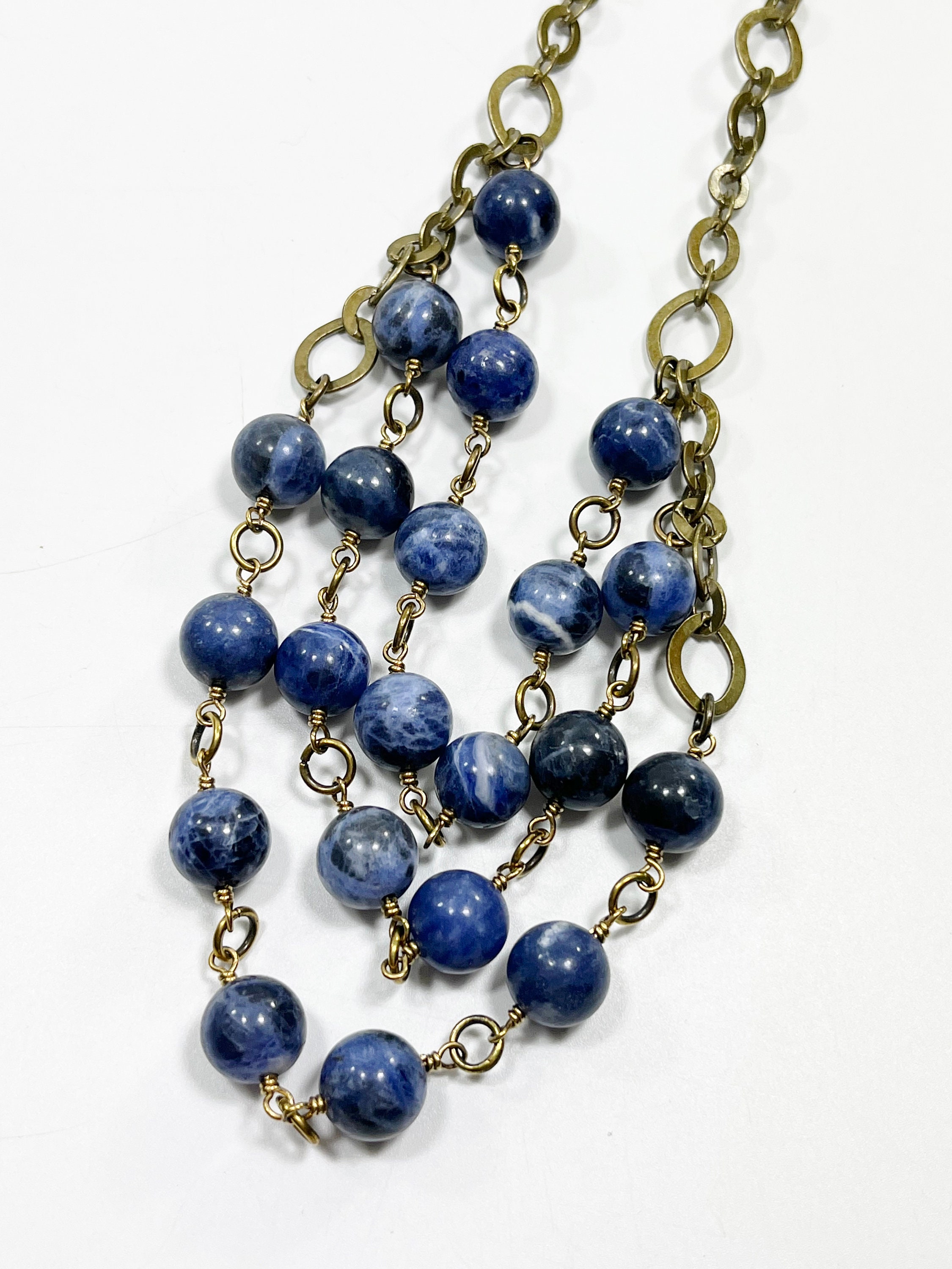 Brass Wire Wrapped Semi-Precious Stones Classy Casual Handmade Fashion Jewelry Gift Chunky Blue Bead Multi Layered Statement Necklace
