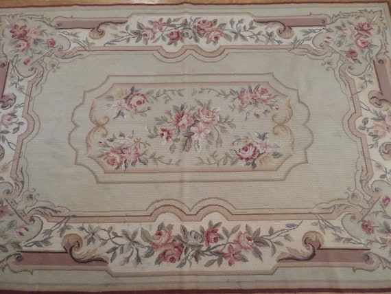 Vintage French Aubusson Needlepoint Rug Gorgeous Roses Image 0
