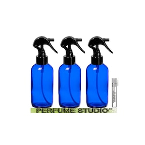 TRIGGER Sprayer Glass Bottles: Three 4oz Boston Round Blue Cobalt Bottles with Trigger Sprayers and a Perfume Studio® Parfum Oil Sample Vial