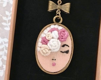 Embroidered lady face necklace with flowers Gift for sister Embroidered pendant Roses necklace Face Silhouette Lady