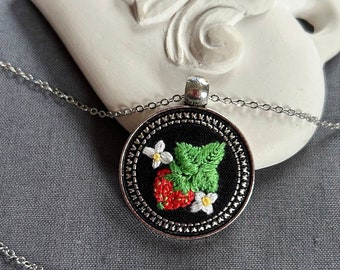 Fruit wedding anniversary gift for her Embroidered Strawberry necklace 4th Wedding anniversary gift Gift for gardener Red and green