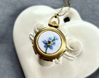 Hand Embroidered Forget Me Not necklace Floral necklace Photo locket 4 Photos locket necklace Miscarriage gift necklace Remembrance gift