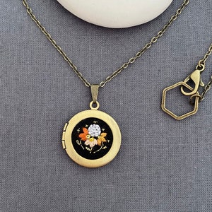 Small Embroidered Moon and flowers locket necklace Family Photo locket 2 photos locket Personalized gift Moon and Stars necklace Celestial image 1