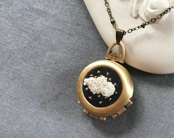 Hand Embroidered Moon Cloud and stars necklace Family Photo locket 4 photos locket Personalized gift Cloud pendant Moon gift Cloud jewelry