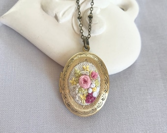 Hand embroidered gift for Mom Pink rose locket necklace Embroidered rose necklace Photo locket necklace Gift for wife FREE TRACKING SHIPPING