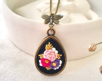 Embroidered Floral necklace Cotton anniversary gift for wife 2nd anniversary gift for her Floral necklace Raindrop necklace Gift for mom