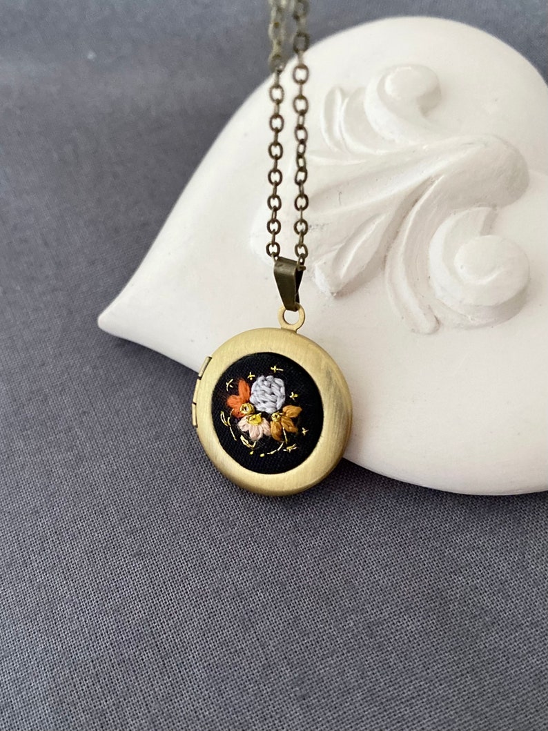 Small Embroidered Moon and flowers locket necklace Family Photo locket 2 photos locket Personalized gift Moon and Stars necklace Celestial image 8