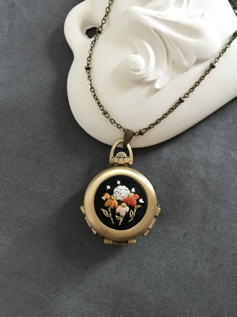 Hand Embroidered Moon and flowers necklace Family Photo locket 4 photos locket Memorial Gift Personalized gift Moon and Stars necklace image 1