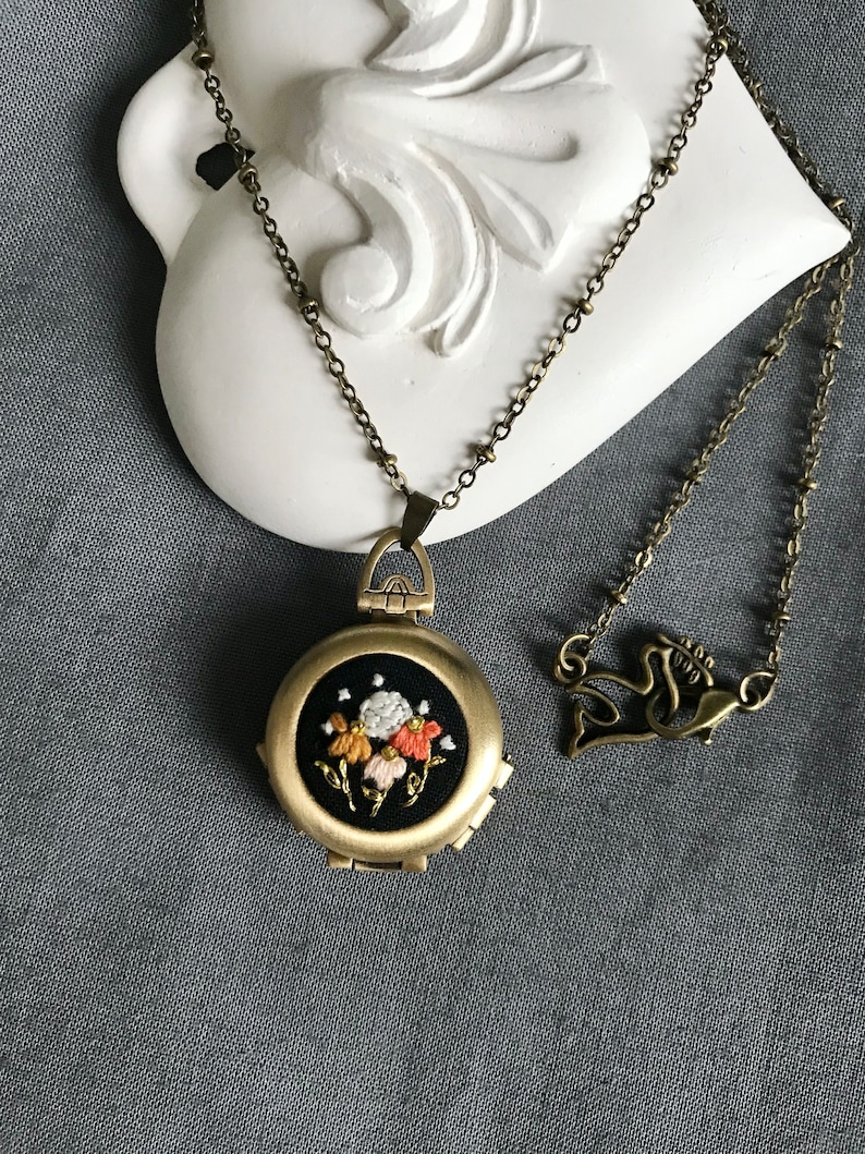 Hand Embroidered Moon and flowers necklace Family Photo locket 4 photos locket Memorial Gift Personalized gift Moon and Stars necklace image 9