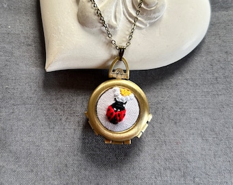 Hand Embroidered Ladybird necklace Family Photo locket 4 photos locket Memorial Gift Ladybug and daisy necklace Good Luck Bug Jewelry