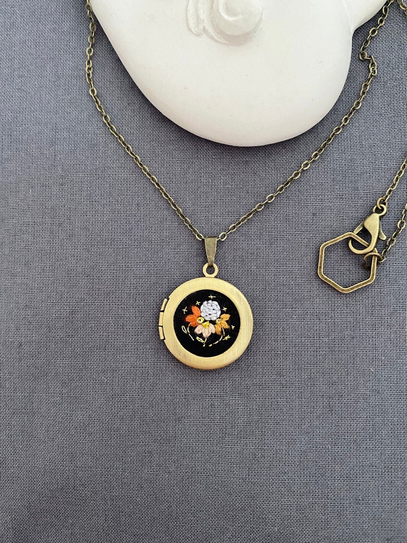 Small Embroidered Moon and flowers locket necklace Family Photo locket 2 photos locket Personalized gift Moon and Stars necklace Celestial image 1