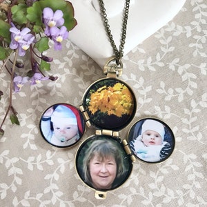 Hand Embroidered Moon and flowers necklace Family Photo locket 4 photos locket Memorial Gift Personalized gift Moon and Stars necklace image 5