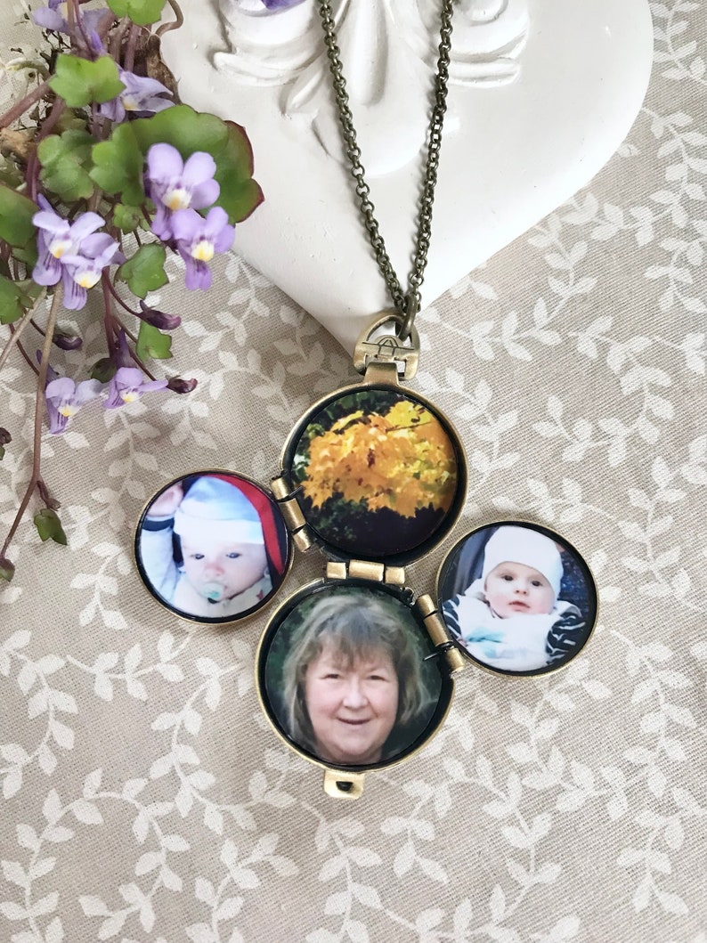 Hand Embroidered Moon and flowers necklace Family Photo locket 4 photos locket Memorial Gift Personalized gift Moon and Stars necklace image 5
