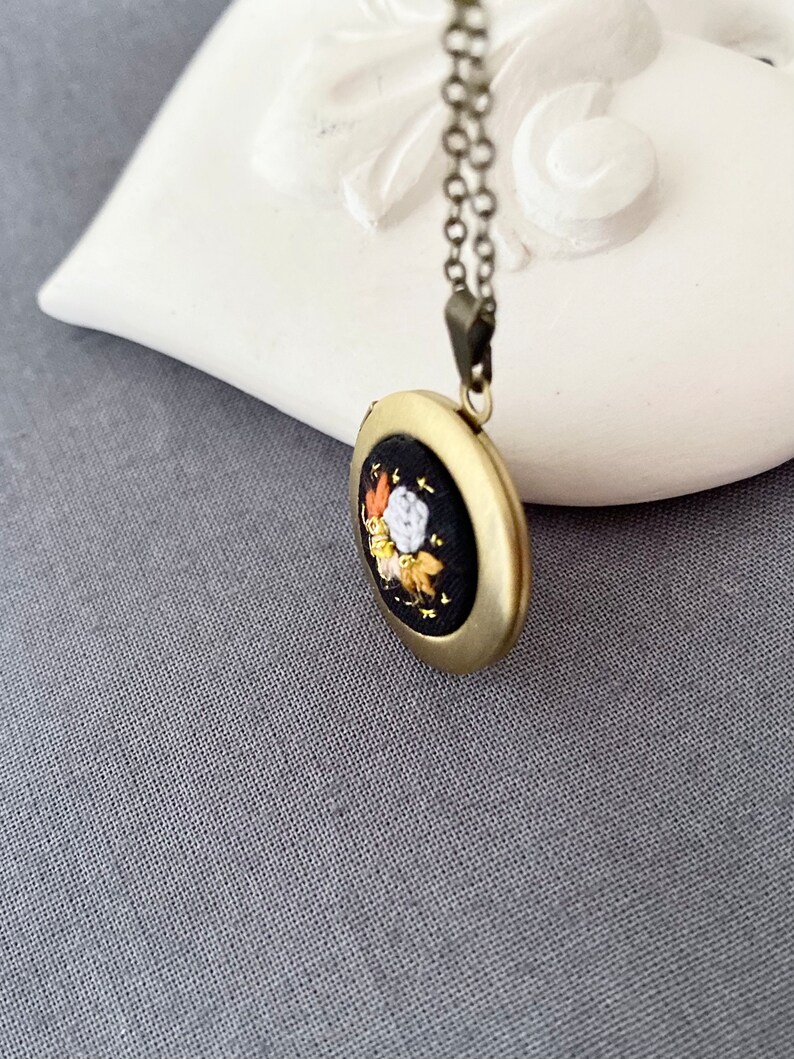 Small Embroidered Moon and flowers locket necklace Family Photo locket 2 photos locket Personalized gift Moon and Stars necklace Celestial image 9