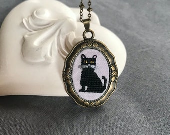 Unique gift for cat lovers Hand embroidered Black Cat necklace Black cat jewelry Cat gift for her Cat jewelry Black cat pendant