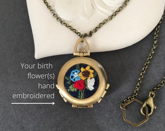 Family Birth flower hand embroidered necklace 4 photos locket Personalized Christmas gift Family Photo necklace Floral locket Gift for Mom