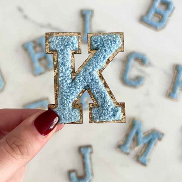 High Quality Blue Letter Patches - Entire Alphabet Available. Chenille Letters with Adhesive backing. Adhesive Chenille Letter Patches