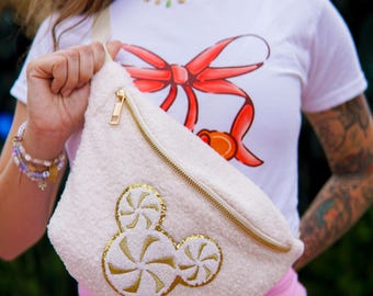 CREAM Peppermint Mouse Christmas Sherpa Fanny Pack // Theme Park Belt Bag // Custom // Holiday Bag