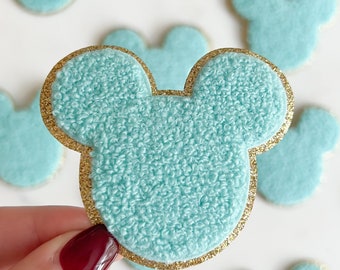 Aqua Mouse Head Iron-On Patch: Gold Glitter Trim