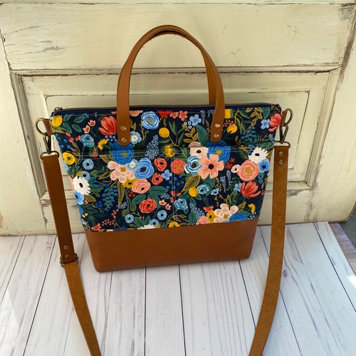 Rifle paper co bag, floral crossbody bag, Rifle paper co fabric, English garden fabric, Wildwood garden shops in navy