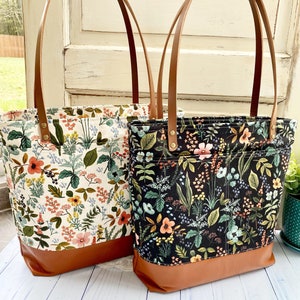 Rifle Paper Co, tote bag, floral tote, leather tote, Amalfi fabric Rifle paper co, cotton and steel