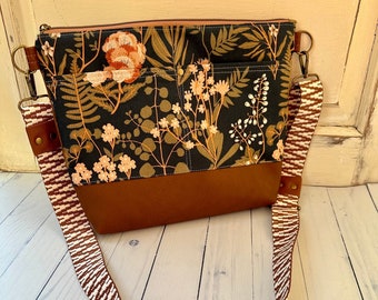 Waxed canvas crossbody with slip pockets ,boho floral  fabric bag, Cami bag pattern