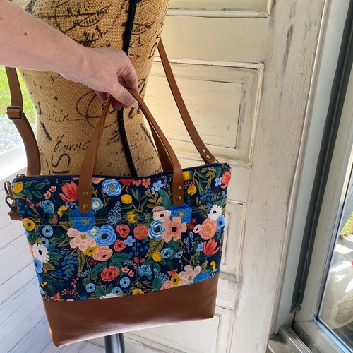 Rifle paper co bag, floral crossbody bag, Rifle paper co fabric, English garden fabric, Wildwood garden shops in navy