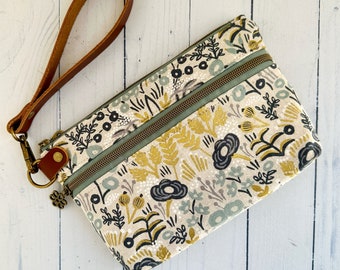 Small Crossbody bag, wristlet strap,  front zipper pocket ,Devon pouch, rifle paper co fabric , pre order,wristlet or crossbody