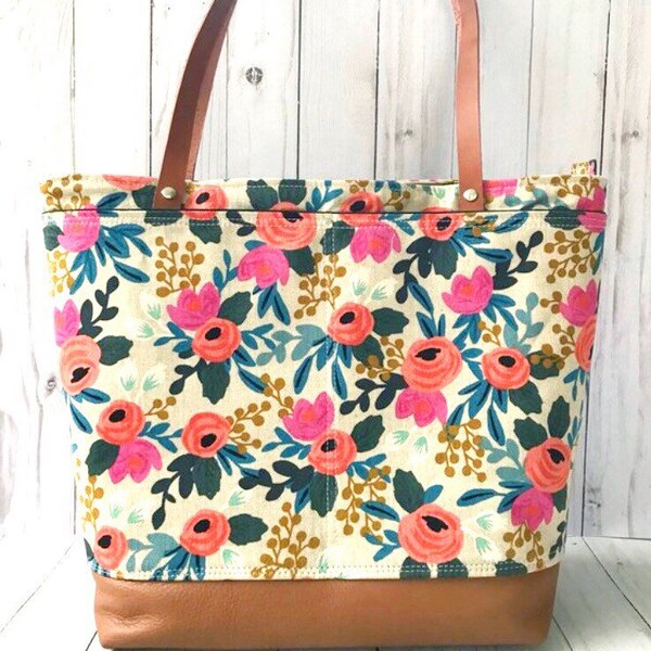 Rifle Paper Co, tote bag, floral tote, leather tote, les fleurs Rifle paper co, cotton and steele