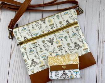 Bee fabric crossbody bag,front zipper pocket ,made with canvas and leather, save the bees fabric