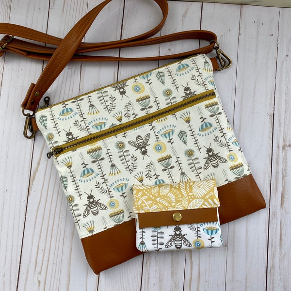 Bee fabric crossbody bag,front zipper pocket ,made with canvas and leather, save the bees fabric