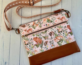 floral crossbody bag, Double zipper bag,small crossbody, Forest fabric