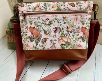 Forest animal fabric, small crossbody with pockets, gift for animal lovers, recycled canvas