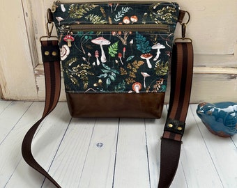Small crossbody bag with zipper pocket, slip pockets, mushroom fabric