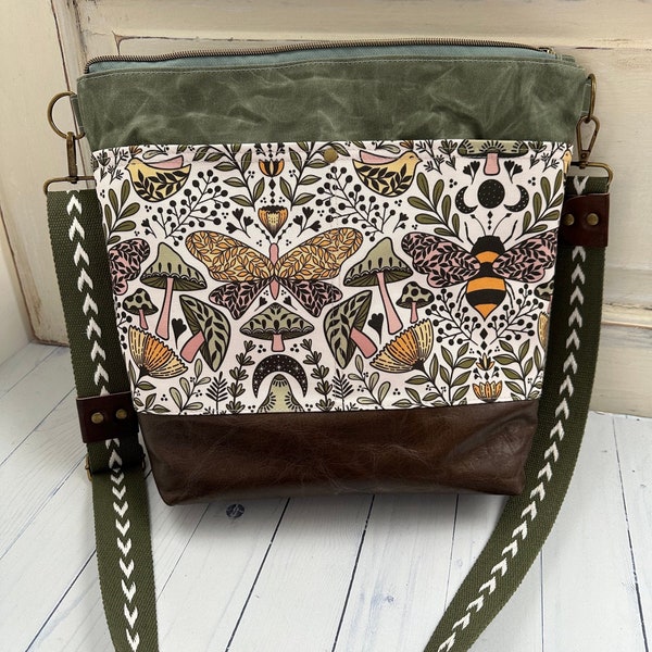 Waxed canvas crossbody bag, waxed canvas bag, floral crossbody, bee fabric