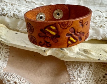 Hand tooled leather bracelet, leather cuff,scarf cuff,  bee bracelet