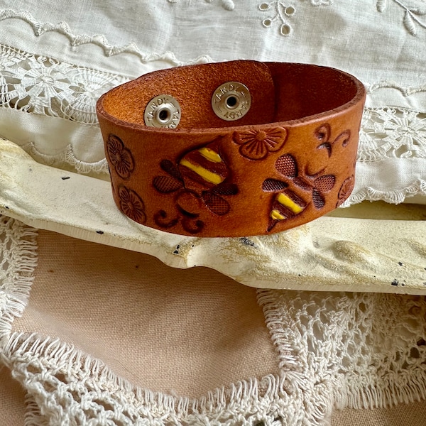 Hand tooled leather bracelet, leather cuff,scarf cuff,  bee bracelet