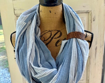 Summer striped infinity scarf, leather cuff,blue striped scarf