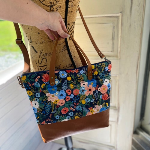 Rifle paper co bag, floral crossbody bag, Rifle paper co fabric, English garden fabric, Wildwood garden shops in navy